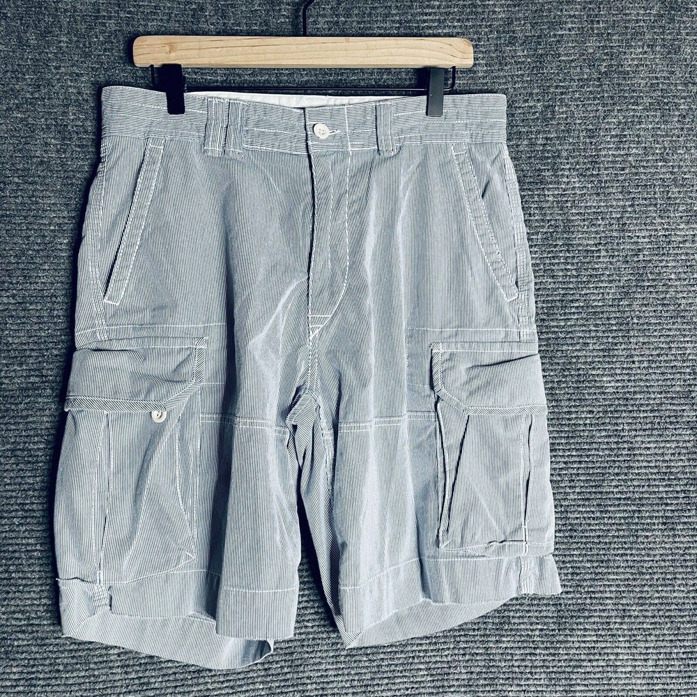 Polo Ralph Lauren Men Size 33 Cargo Seersucker Blue White Striped Pockets Cotton